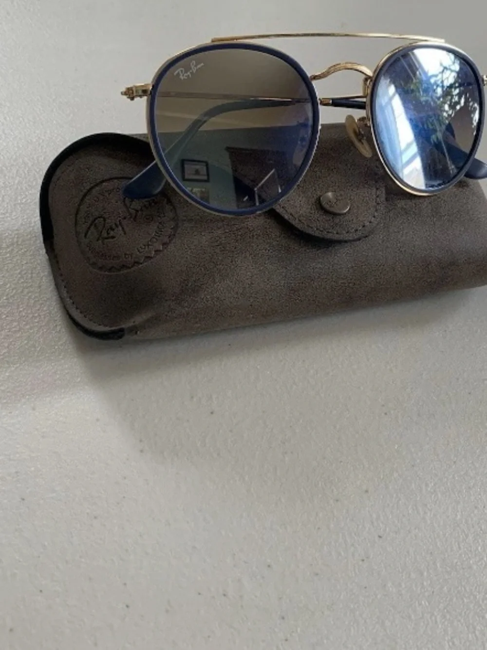 Ray-Ban Round Double-Bridge Sunglasses in Blue and Gold with Blue Temple Tips